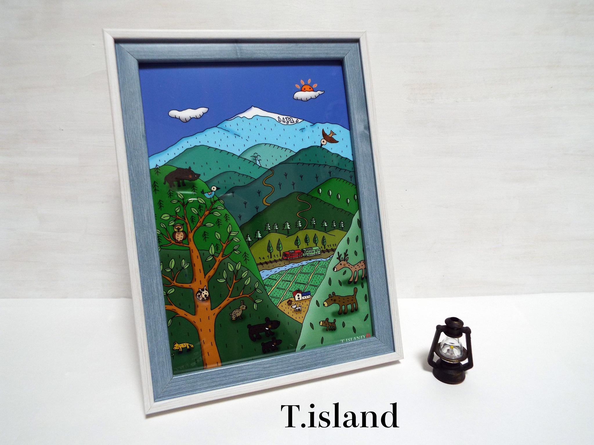 ＊緑の山々と列車＊2L判フォトフレーム付イラスト「飾るアート」Creema限定（送料無料）