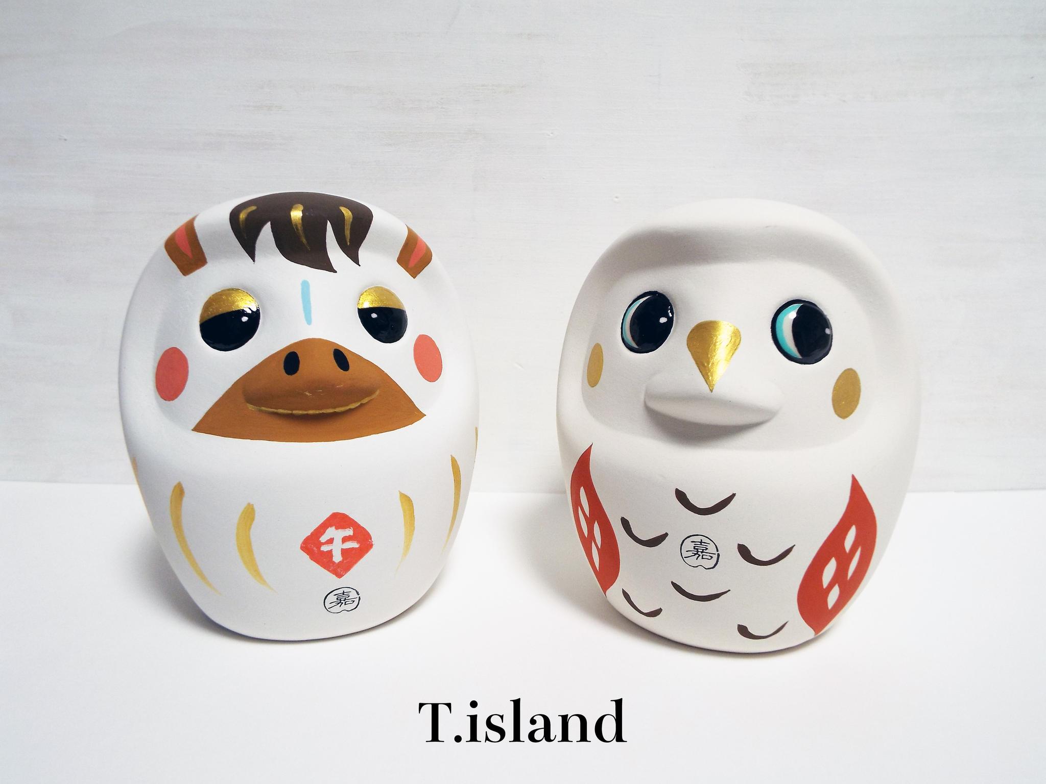 新春福袋＊めでたい「午（うま）＋白フクロウ」だるま・素焼き置物貯金箱セット＊〜送料無料1枚目の画像