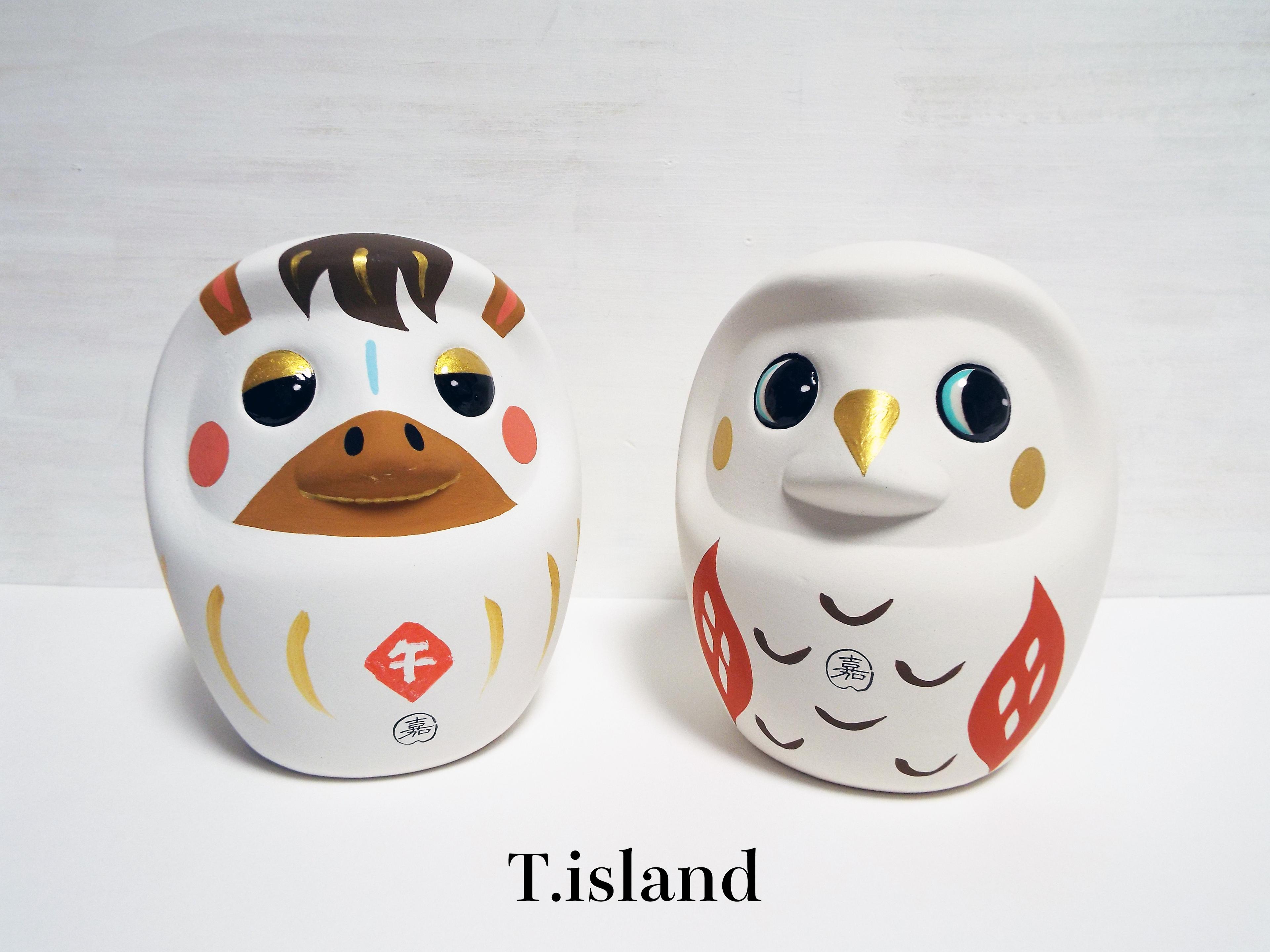 新春福袋＊めでたい「午（うま）＋白フクロウ」だるま・素焼き置物貯金箱セット＊〜送料無料